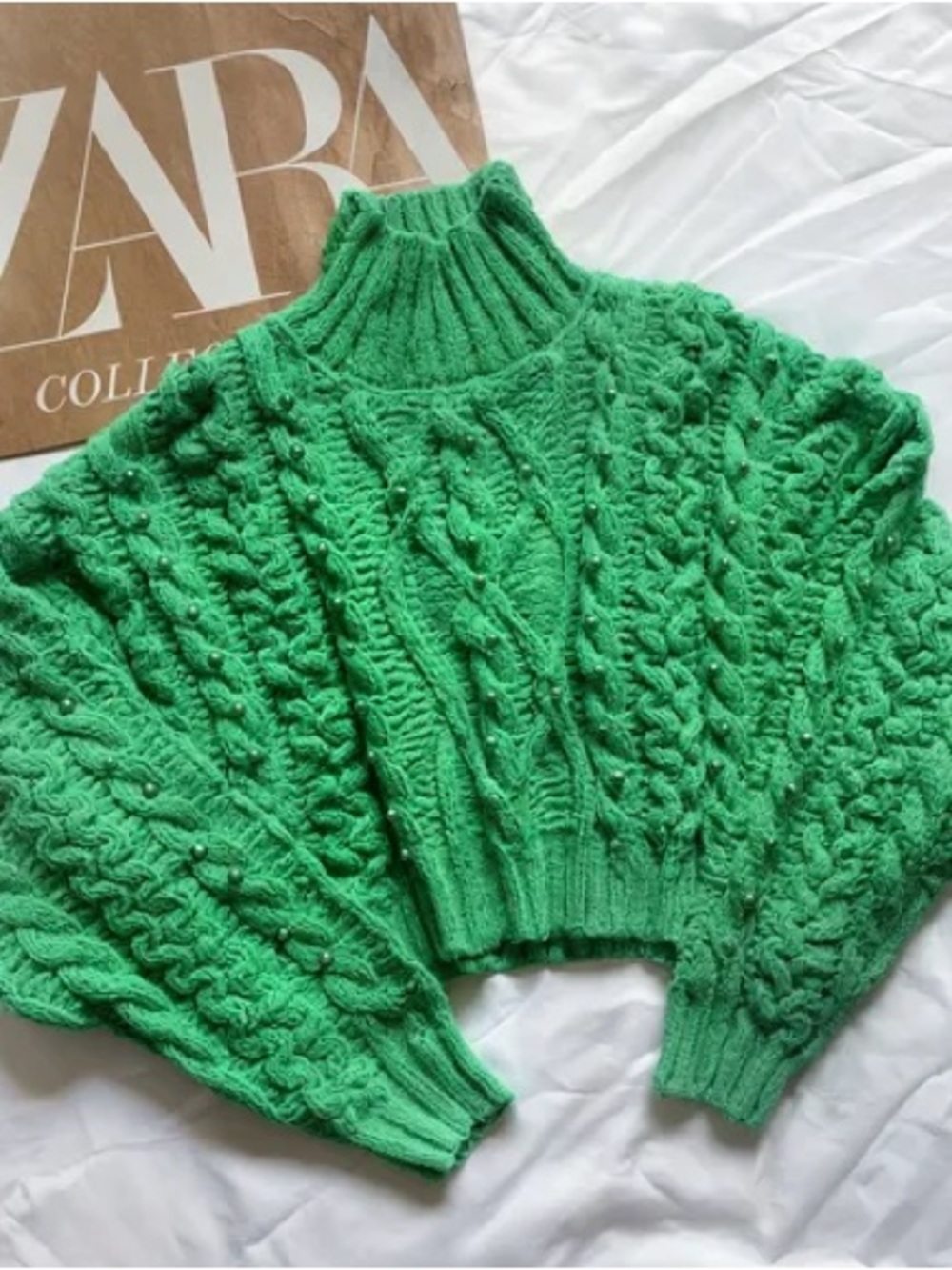 Zara Emerald Green Cable Knit Turtleneck Sweater Pearls Cropped Women’s Size L